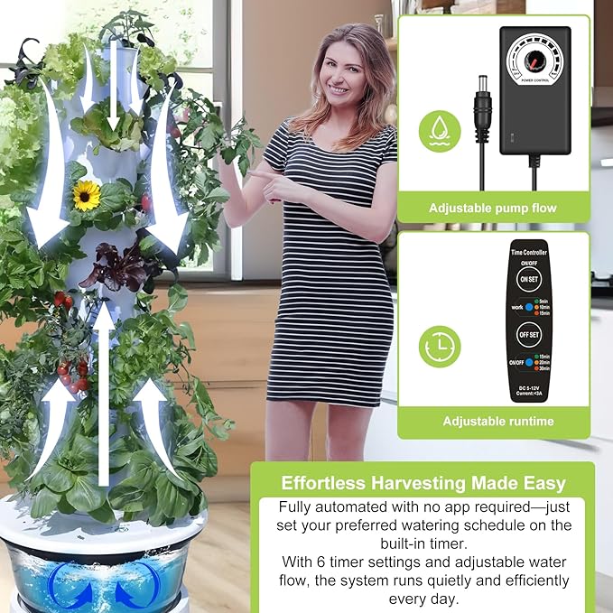 Hydroponic Tower 36 Pods, Automatic Watering System with Timer, Vertical Indoor Outdoor Growing Tower for Vegetables, Herbs and Large Plants, Easy Setup for Beginners