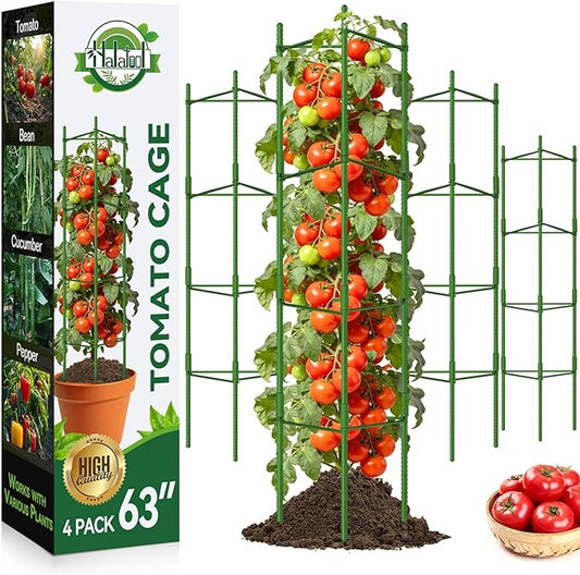 Halatool 63 Inch Tomato Cages, 4 Pack Adiustable Plant Cages Assembled Tomato Garden Cages Stakes Vegetable Support Trellis with 120 Feet Twist Tie, Snap-On for Vertical Climbing Plants