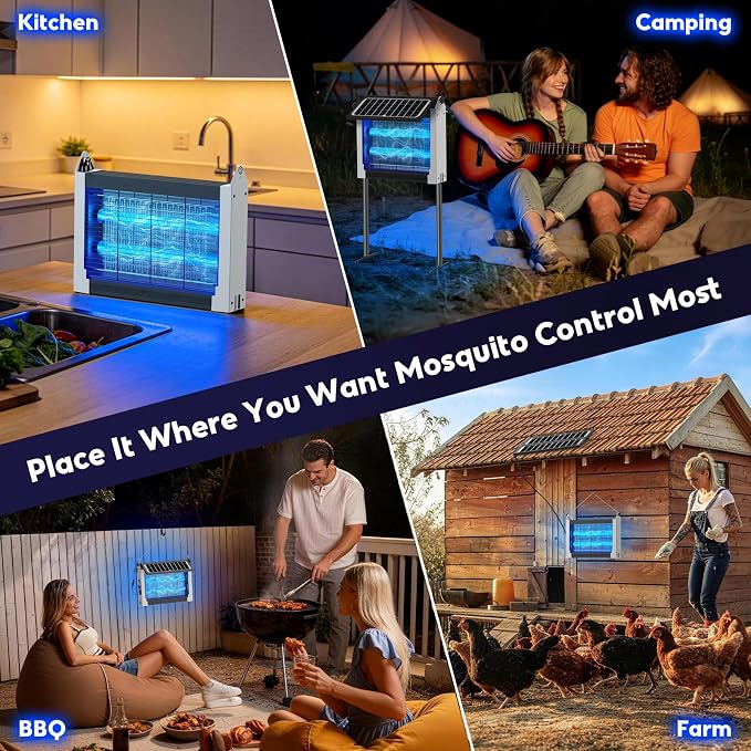 Solar Bug Zapper Outdoor, 4500V Electric Mosquito Zapper with Dual Solar Panels & USB Charging, Auto On/Off Mosquito Killer, IPX5 Waterproof Fly Trap for Backyard Patio Garden Camping, 1 Acre