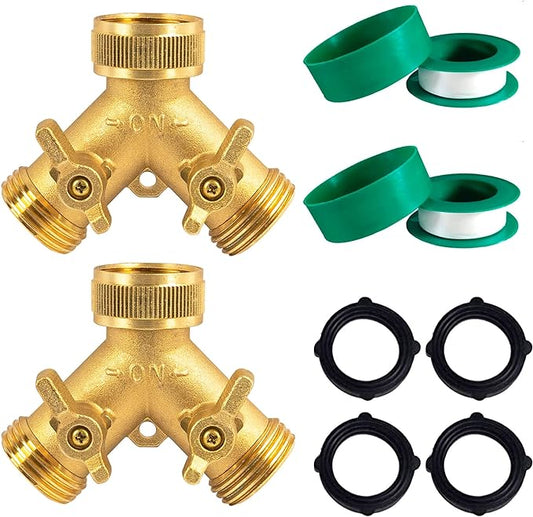 Hourleey Brass Garden Hose Splitter (2 Way), Solid Brass Hose Y Splitter 2 Valves with 2 Extra Rubber Washers (2 PACK)