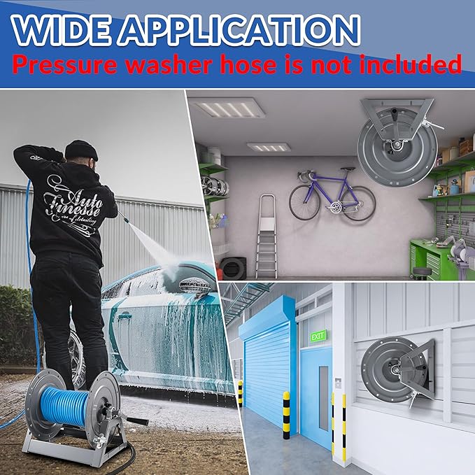 FIXFANS Pressure Washer Hose Reel, 300FT x 3/8" Heavy Duty Hose Reel, Manual Crank Power Washer Hose Reel with M22 Fitting, Wall/Floor/Truck Mounted, 4000 PSI