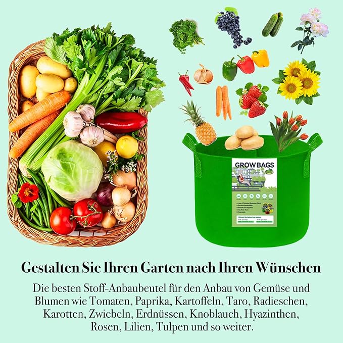 15 Gallon Grow Bags, Colorful Fabric Planters for Vegetables and Flowers, 5-Pack with Sturdy Handles, BPA-Free Non-Woven Material