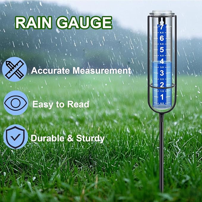 Rain Gauge Outdoor, Rain Gauges Outdoors Best Rated, Accurate Rain Measure Gauge for Garden, Thickened Tube Rain Meter with Stake, Adjustable Height & Large Font Water Gauge for Rain