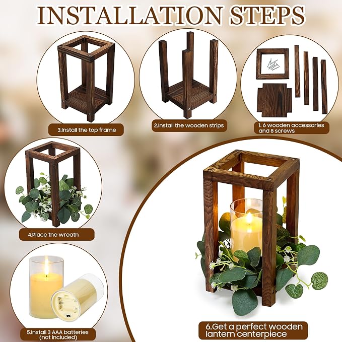 18 Pcs Wooden Lantern Centerpiece - Wedding Lantern with Eucalyptus Candles Wreaths LED Flameless Candles Rustic for Country Wedding Party Farmhouse Table Decor