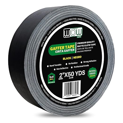 Wow Gaffers Tape 2 Inch Black - 50 Yards, Residue Free, Non-Reflective & Heavy-Duty - Professional Grade Gaff Tape - Ideal for Photography Backdrop, Cables, Cords & Floor Taping