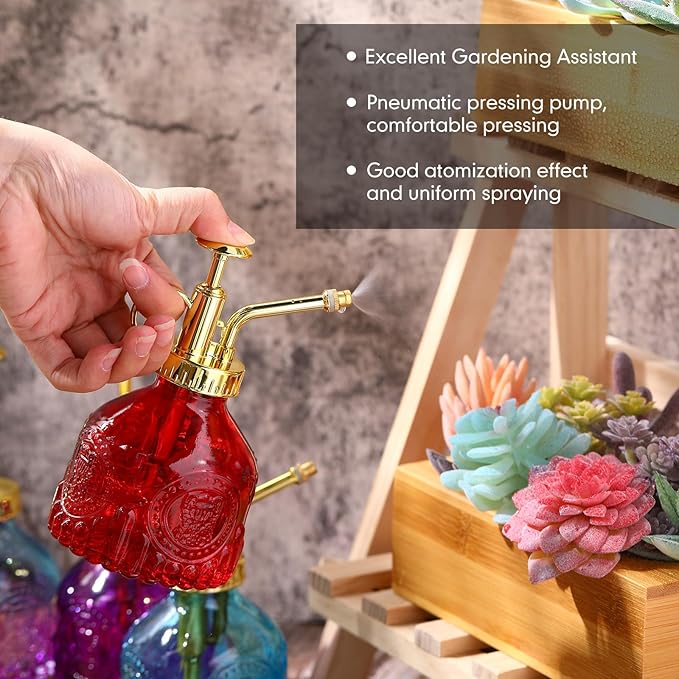 8 Pcs Glass Plant Mister Spray Bottle 200ml Vintage Plant Spritzer Multicolor Succulent Watering Bottle Watering Can 6.4'' with Plastic Top Pumps for Indoor Outdoor Succulents Garden Plants (Gold)