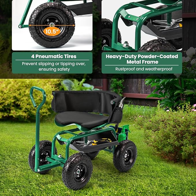 Byroce Rolling Garden Cart with Seat, Heavy Duty Wheelbarrow Utility Cart with Metal Frame, Swivel Seat, Tool Tray, Storage Basket & Adjustable Handle, Outdoor Garden Wagon Scooter for Yard (Green)