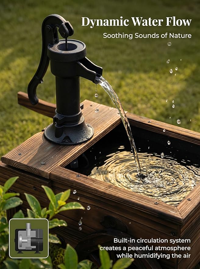 Carbonized Wood Outdoor Freestanding Fountain - Movable Vintage Hand Pump Cart, Plug-in Water Pump Electric Decorative Water Feature for Patio, Garden & Indoor Decoration