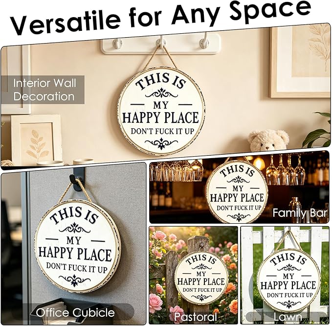 Funny Garden Metal Sign -"This Is My Happy Place Don't F*ck It Up Farmhouse Outdoor Art, Vintage Decor, Welcome Round Sign for Home Garden Farm Bar or Coffee Wall Decor(11.8 * 11.8in)