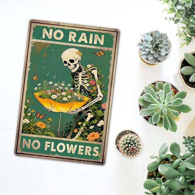 Retro Garden Metal Signs Vintage Skull Poster - No Rain No Flowers Sign, Floral Skull & Umbrella Wall Art Decor for Home, Garden, Bedroom, Living Room 8x12 Inch