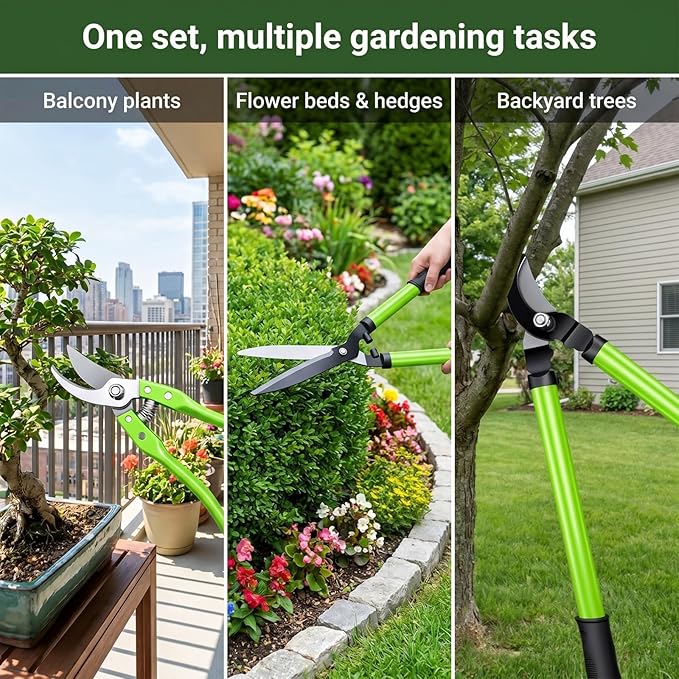 3 Piece Pruner Set with Long Shank Clippers, Hedge Clippers and Manual Pruning Shears for Patio Lawn Garden