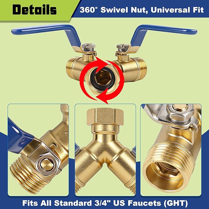 Triumpeek 2-Way Garden Hose Splitter, Solid Brass Y Connector with 3.6-Inch Ergonomic Handles, Full Flow 3/4" GHT Thread for Outdoor Faucet, Sprinkler & Irrigation
