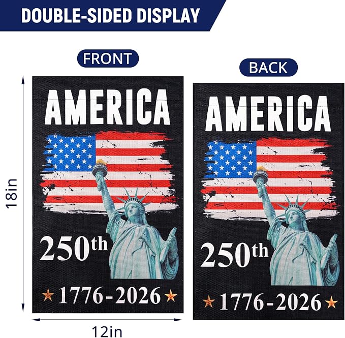 USA 250th Anniversary Flag - 12x18 Inch Double Sided 4th of July Garden Flag, Independence Day Porch Banner, 1776-2026 Independence Day Flag Outdoor Yard Decor