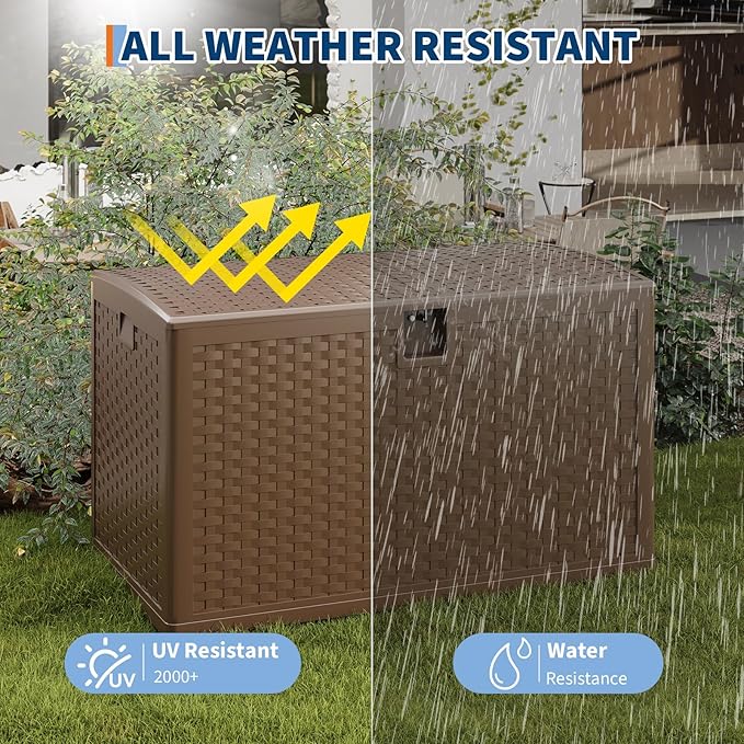 120 Gallon Resin Deck Box, Waterproof & Lockable Patio Storage Box with Hydraulic Lid for Outdoor Garden Tools, Pool Accessories & Cushions