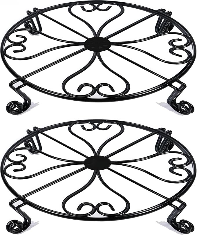 NSYOOMH 2 pack 8" Rustproof Black Metal Plant Stands Heavy Duty Plants Holder Outdoor Indoor, Round Wrought Iron Sturdy Flower Planter Pot Stand, Corner Gardening Inside Potted Plant Riser - 8Inches