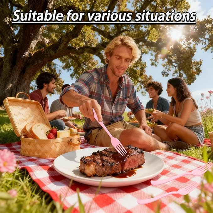 50 Pcs Pink Plastic Forks, Heavy Duty Cutlery Set, Disposable Plastic Utensils for Picnics, Garden Party, Brithday, Wedding, Outdoor Barbecue or Daily Use (Pink)