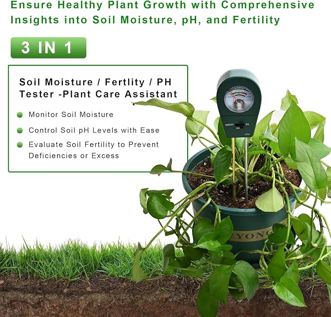 Powboro 3-in-1 Soil Tester Kit – Moisture/pH/Fertility Meter for Garden, Lawn, Potted Plants No Battery Needed Indoor/Outdoor Soil Test Kit