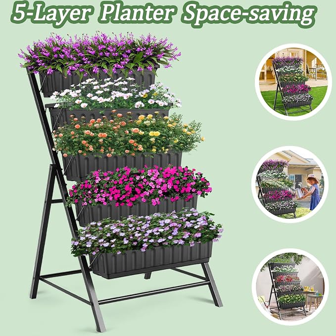 TEANDE Vertical Raised Garden Bed, 5-Tier Elevated Planter Box w/Drainage System & 4 Hooks for Herbs Vegetables Flowers, Vertical Garden Planter for Patio Yard Indoor Outdoor