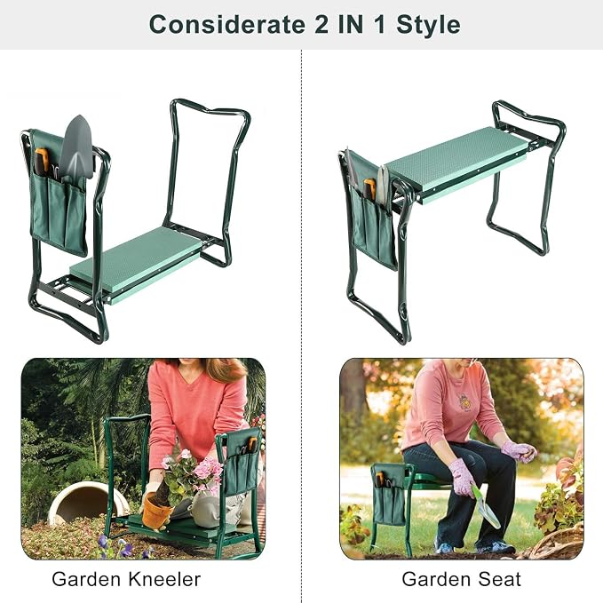 TeqHome Garden Kneeler and Seat Foldable Lightweight Garden Bench with Tool Pouch and Soft Kneeling Pad Portable Garden Stool