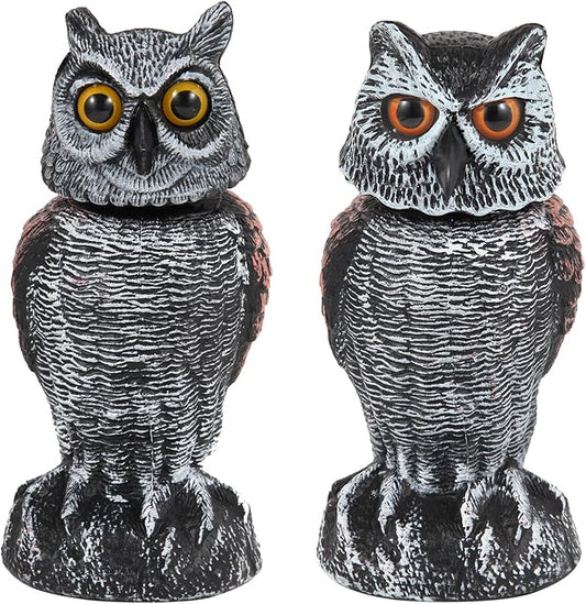 Hedoc 2 Pack Fake Owl Decoys to Scare Birds Away, Rotating Head Bird Deterrents, Nature Enemy Scarecrow Plastic Statues, Pest Repellent for Gardens and Patios