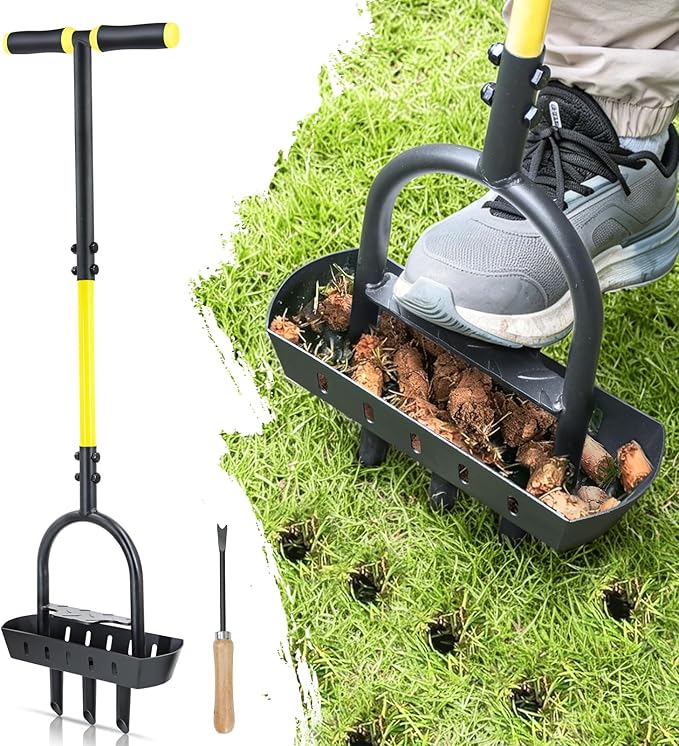 Jardineer Lawn Aerator Coring Tool with Soil Core Tray, Core Aerator with 4" Deep Plugs and Wider Foot Pedal, Manual Grass Plug Aeration Tool for Compacted Soil, Improving Lawn Health | Core Aerator with Soil Tray