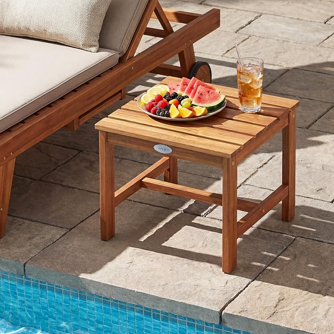 Tangkula Patio Acacia Wood Side Table, 17" Square End Table with Slatted Tabletop, Outdoor Wooden Accent Bistro Table for Backyard, Poolside, Garden, Porch, Indoor (Natural,2)