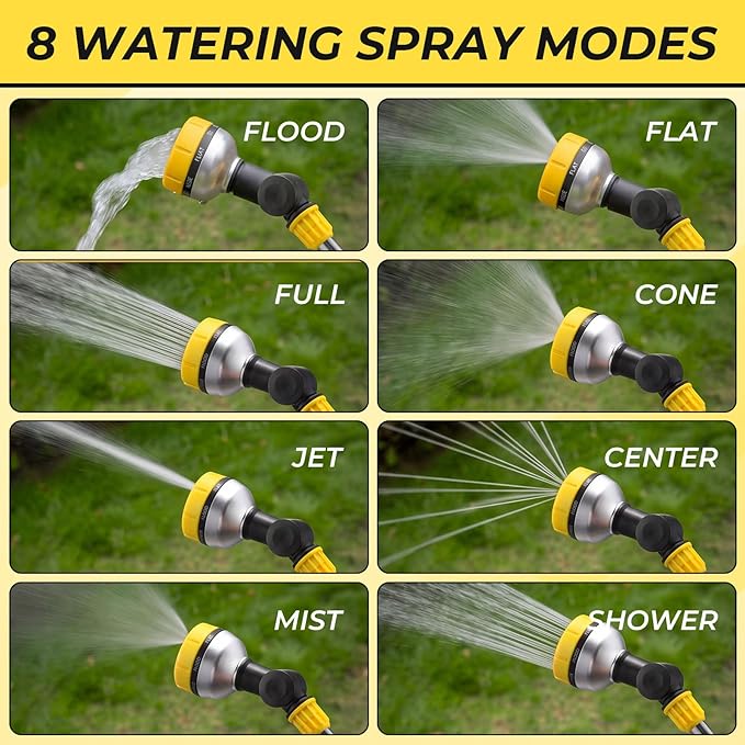 Hushee 4 Pcs 18.5 Inches Garden Watering Wand Bulk 180° Rotating Head Hose Wand with Thumb Control Shut off Valve 8 Patterns Garden Hose Nozzle Yellow
