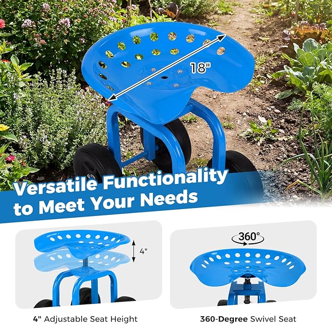 Rolling Garden Seat, Garden Cart with 360° Swivel Work Seat & Adjustable Height, Heavy Duty Garden Seat with Wheels for Lawn Yard Patio Greenhouse Planting Cleaning (Blue)