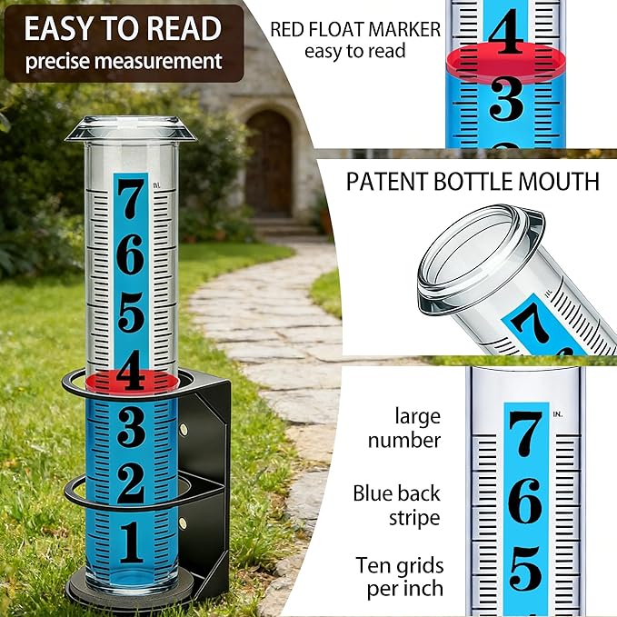 YZDTECH Rain Gauge Outdoor, Accurate Rain Gauges Outdoors Best Rated with Metal Rack Holder, Large Water Gauge with Red Float, Water Rain Meter with Thickened Plastic Large Font Tube for Yard Garden