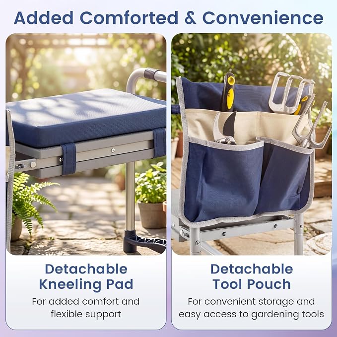 Giantex Garden Kneeler and Seat, Foldable Gardening Stool w/Wide EVA Foam Padding, Tool Pouch, Heavy-Duty Kneeling Bench for Knee & Back Pain Relief, Gardening Kit for Seniors Women Men (Navy)