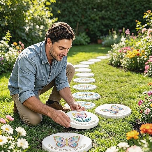 10 Set Reusable DIY Stepping Stone Mold Kit for Family Includes Round Cement Molds, Mosaic Tiles,Letter Mold Tiles,Carving Tools,Mat & Wire Outdoor Walkways Pavement Decoration ((10")