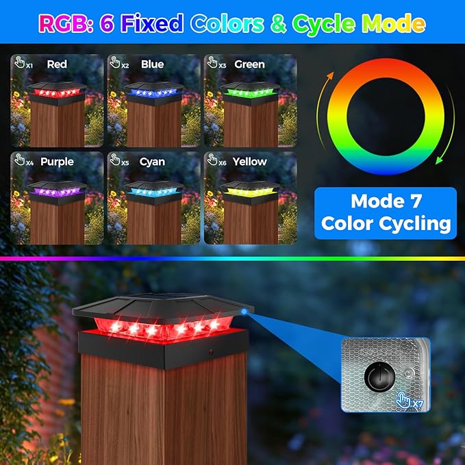 Peasur 4x4 Solar Post Cap Lights RGB Color Changing, 8 Packs LED Deck Fence Light Solar Powered Outdoor Waterproof, Wood/Vinyl Posts Top Lighting for Outside Yard Garden Patio