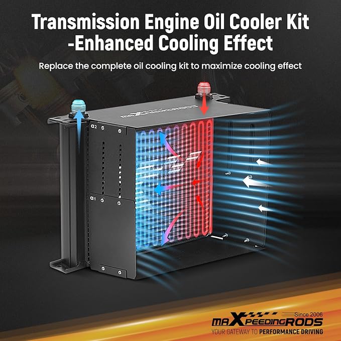 maXpeedingrods 10 Row Engine Oil Cooler Kit, 10AN Transmission Engine Cooler British Radiator Universal Aluminium Black, Thermostatic Oil Filter Sandwich Adapter, Air Guide Kit and Oil Cooler Hoses