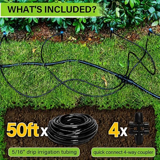 Bonviee 50FT 5/16” Drip Irrigation Mainline Tubing with 4-Way Push-to-Connect Couplers (4 Pack) – Compact DIY Garden Irrigation Distribution System for Misting, Raised Beds & Small Spaces