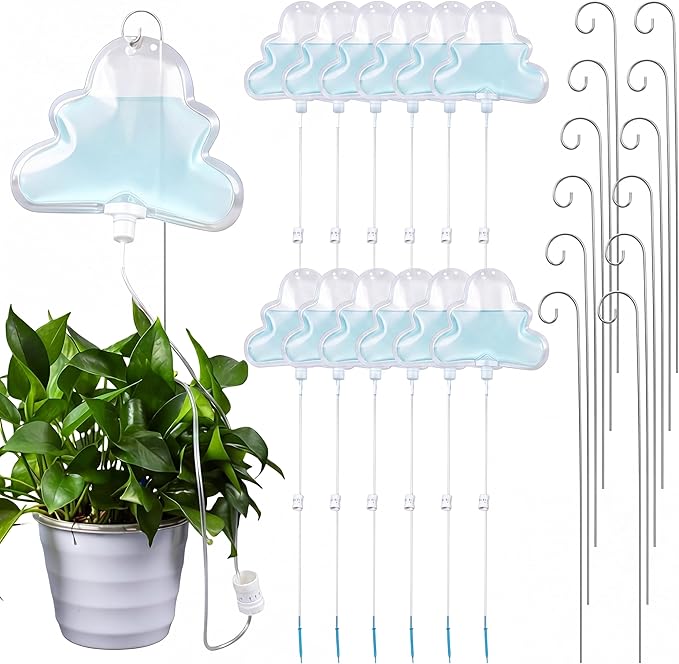 Zhengmy 12 Pcs 500ml Plant Self Watering Bags, Cloud Shape Automatic Drip Irrigation System with Adjustable Valve and Support Stakes, Slow Release Vacation Plant Waterer for Indoor Outdoor Plants