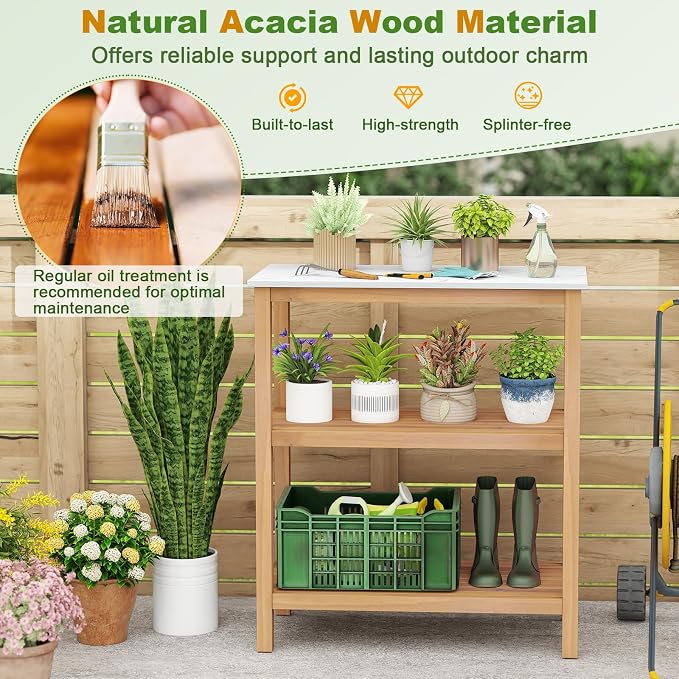 Giantex 3-Tier Outdoor Potting Bench, Acacia Wood Planting Workstation with Faux Marble Tabletop, Open Storage Shelves, 300LBS Capacity, Garden Potting Table for Horticulture