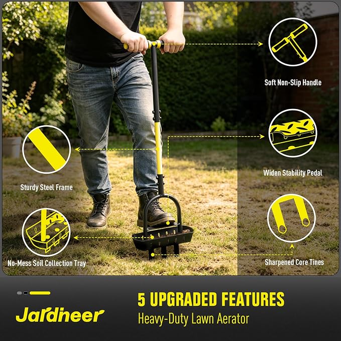 Jardineer Lawn Aerator Coring Tool with Soil Core Tray, Core Aerator with 4" Deep Plugs and Wider Foot Pedal, Manual Grass Plug Aeration Tool for Compacted Soil, Improving Lawn Health | Core Aerator with Soil Tray