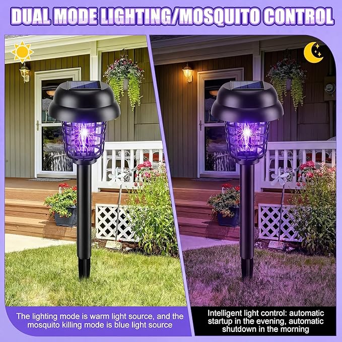 Qualirey 12 Pcs Solar Mosquito Zapper Outdoor Waterproof Solar Powered Bug Zapper Outdoor Mosquito Killer Lamp Trap Repellent Light for Garden Yard Insect (Purple and Warm Light,Black)