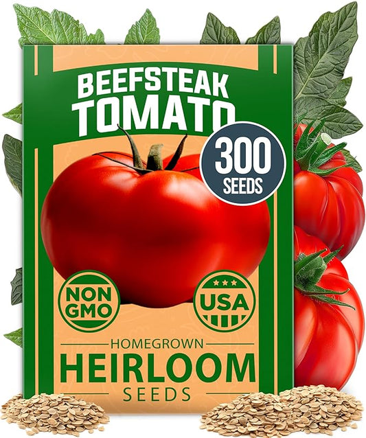 HOME GROWN Beefsteak Tomato Seeds 300+ Heirloom Non-GMO Seeds for Planting, High Germination, Indeterminate, Large Meaty Slicing Tomato, High Yield Summer Vegetable Garden (Solanum lycopersicum)