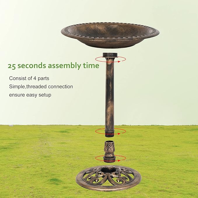 VINGLI Pedestal Bird Bath, Resin Birdbaths Weather Resistant Floral Accents and Vintage Finish Garden Decor for Outdoor Lightweight Courtyard
