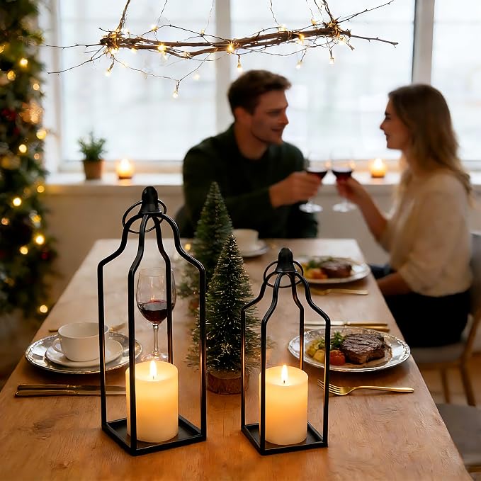 Rustic Farmhouse Decor Metal Lantern Set of 2 Decorative Lanterns for Home Indoor Outdoor Living Room, Fireplace, Patio, Wedding & Kitchen Table Centerpieces (Black, 16.9" 14.5")