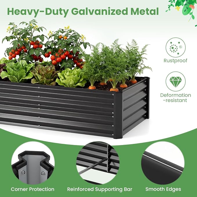 Giantex 4x2x3 FT Galvanized Raised Garden Bed with Greenhouse Cover, Outdoor Elevated Metal Planter Box w/Dual Roll-up Windows, Mini Greenhouse for Patio Balcony Vegetables Herbs Flowers (Black)