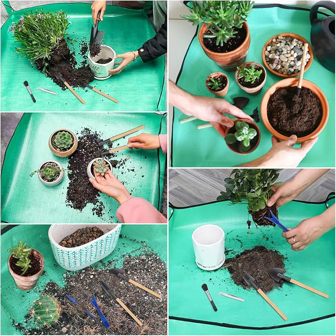 2Pcs Repotting Mat - Large 39'' & Small 26'' Foldable Waterproof Plant Gardening Mat with Accessories, Portable Potting Tray for House Plants & Succulents