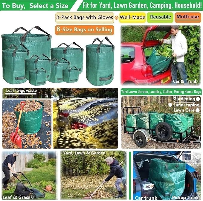 Professional 3-Pack 80 Gallon Lawn Garden Bags (D26, H33 inch) Reusable Yard Waste Bags with Gardening Gloves for Leaf Bag,Garden Pruning,Yard Debris Container,Lawn Weeds,Grass Clippings Bag 4 Handles