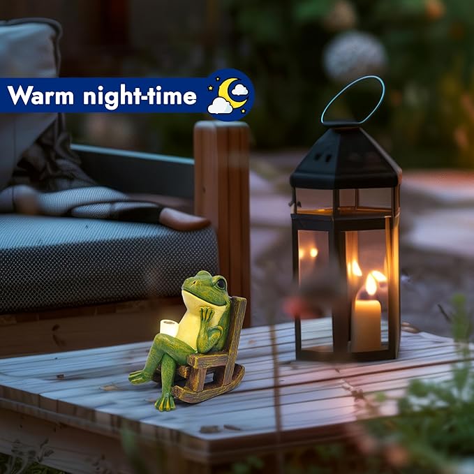 Miniature Frog Garden Statue Gifts & Home Decorations, Solar Frog Decor with Outdoor Lights, Fairy Garden Accessories, Housewarming Gift for Patio Yard Lawn Ornament