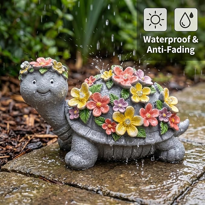 Solar Turtle Statues Garden Decor - Cute Turtle Figurine with Flowers Solar Lights, Tortoise Statue for Outdoor Yard, Lawn, Patio Decoration - Birthday Gifts for Mom Grandma Women