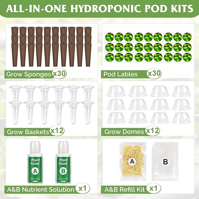89PCS Hydroponic Pods Grow Anything Kit with A&B Plant Food, 30 Grow Sponges, 30 Plant Labels, 12 Grow Baskets & Domes, Seed Pod Supplies Compatible with Aerogarden & Most Brand Indoor Herb Garden
