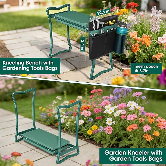 OAOA innovation 2-in-1 Garden Kneeler with Umbrella, Kneeling Bench & Black Umbrella, Portable Stool 330lb Capacity, Garden Tools Bag with Bottle Holder, Gardening Gift for Men Women Seniors