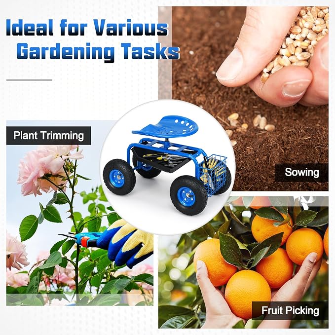Giantex Rolling Garden Work Seat, 360 Swivel Gardening Workseat with Wheels, Tool Basket, Adjustable Height, Outdoor Scooter for Sitting, Gardening Stool Chair for Planting Trimming, Blue