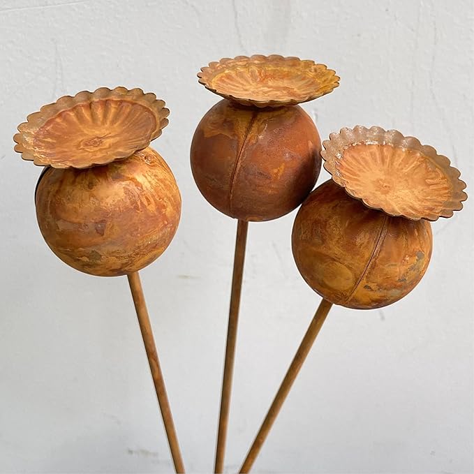 Rustic Metal Coneflower Garden Stakes, Set of 3, Rusted Iron Daisy Yard Art, 24x1.5 Inch, Weather-Resistant Lawn Pathway, Patio Decor (Coffee)
